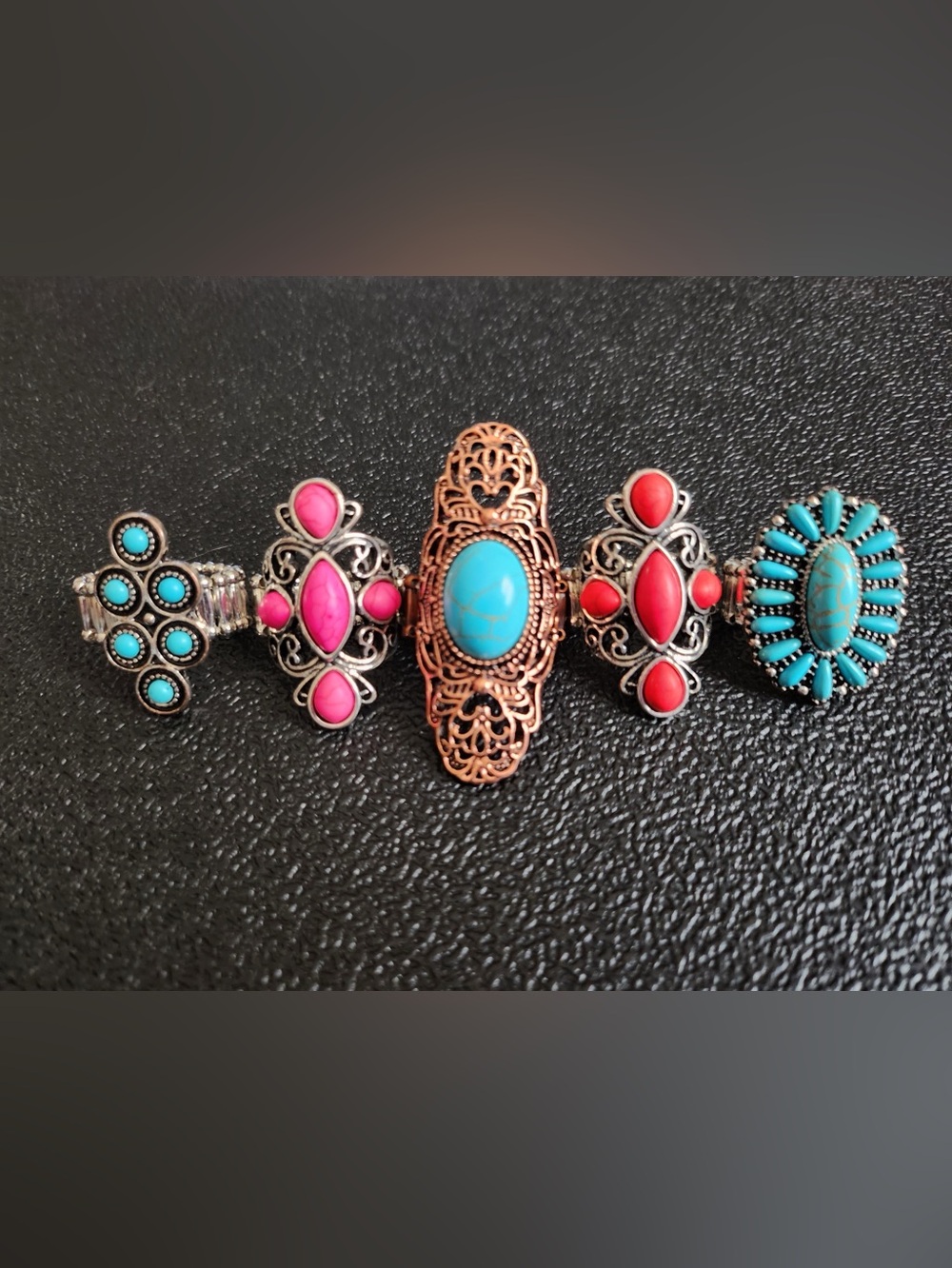 Lot 5 Paparazzi Crackle Stone Faux Turquoise Stretch Rings Blue Red Pink